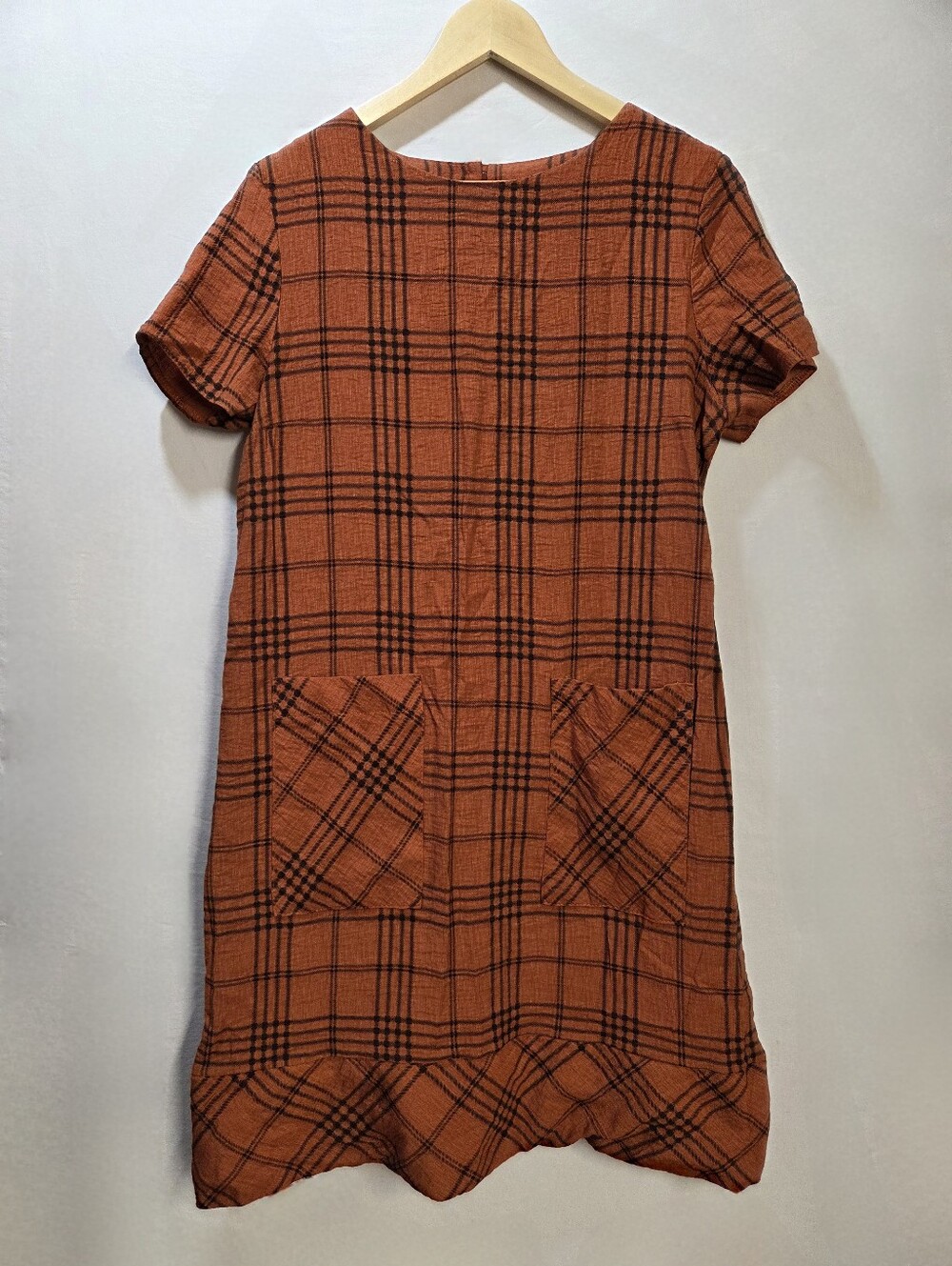 Dressa Linen Plaid Shift Mini Dress Rust Orange Terracotta Fall Pocketed Sz XL